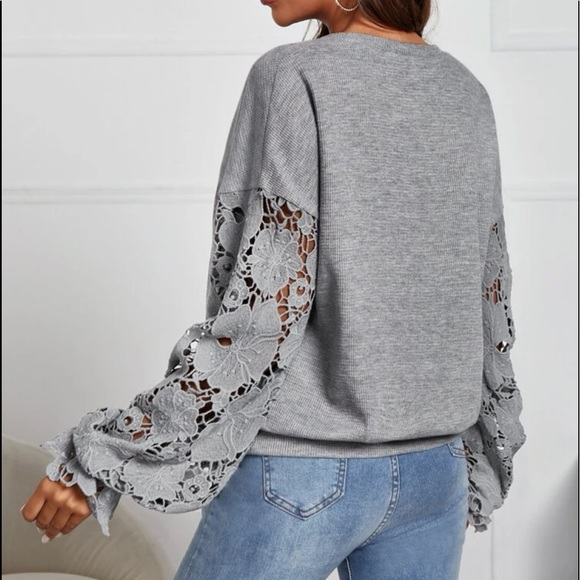 Boho Floral Sheer Lace Long Sleeve Drop Shoulder Top Blouse - Picture 2 of 5